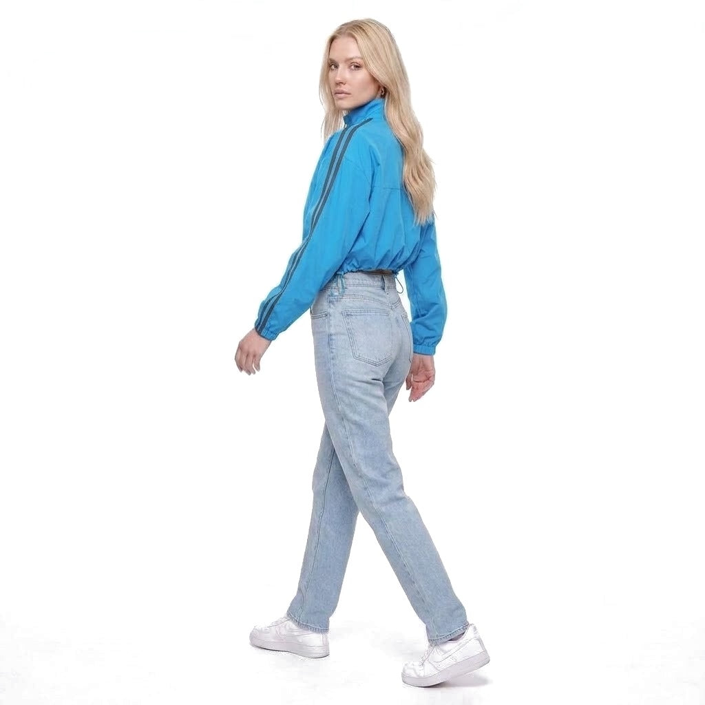 Cropped Stand Collar Zip Up Track Jacket with Drawstring Hem