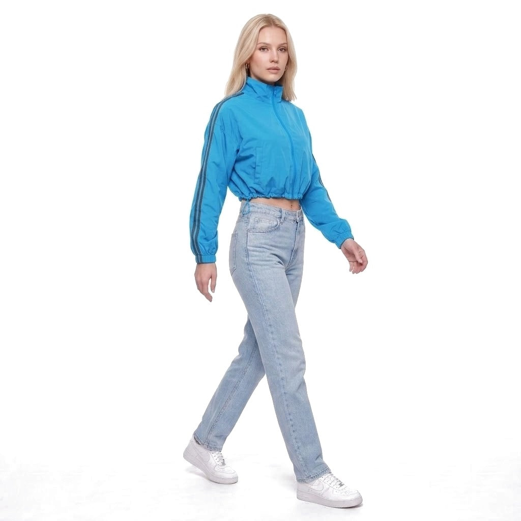 Cropped Stand Collar Zip Up Track Jacket with Drawstring Hem