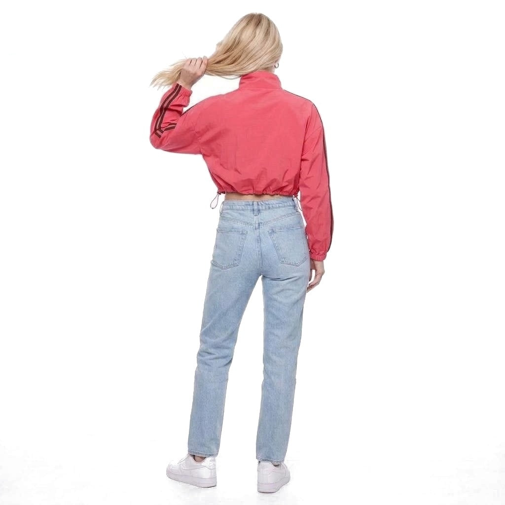 Cropped Stand Collar Zip Up Track Jacket with Drawstring Hem