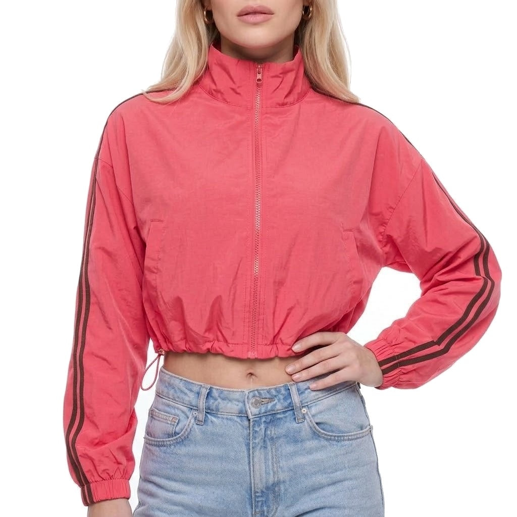 Cropped Stand Collar Zip Up Track Jacket with Drawstring Hem