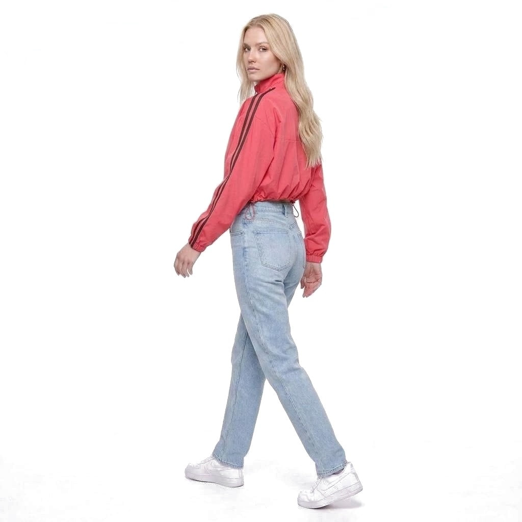Cropped Stand Collar Zip Up Track Jacket with Drawstring Hem