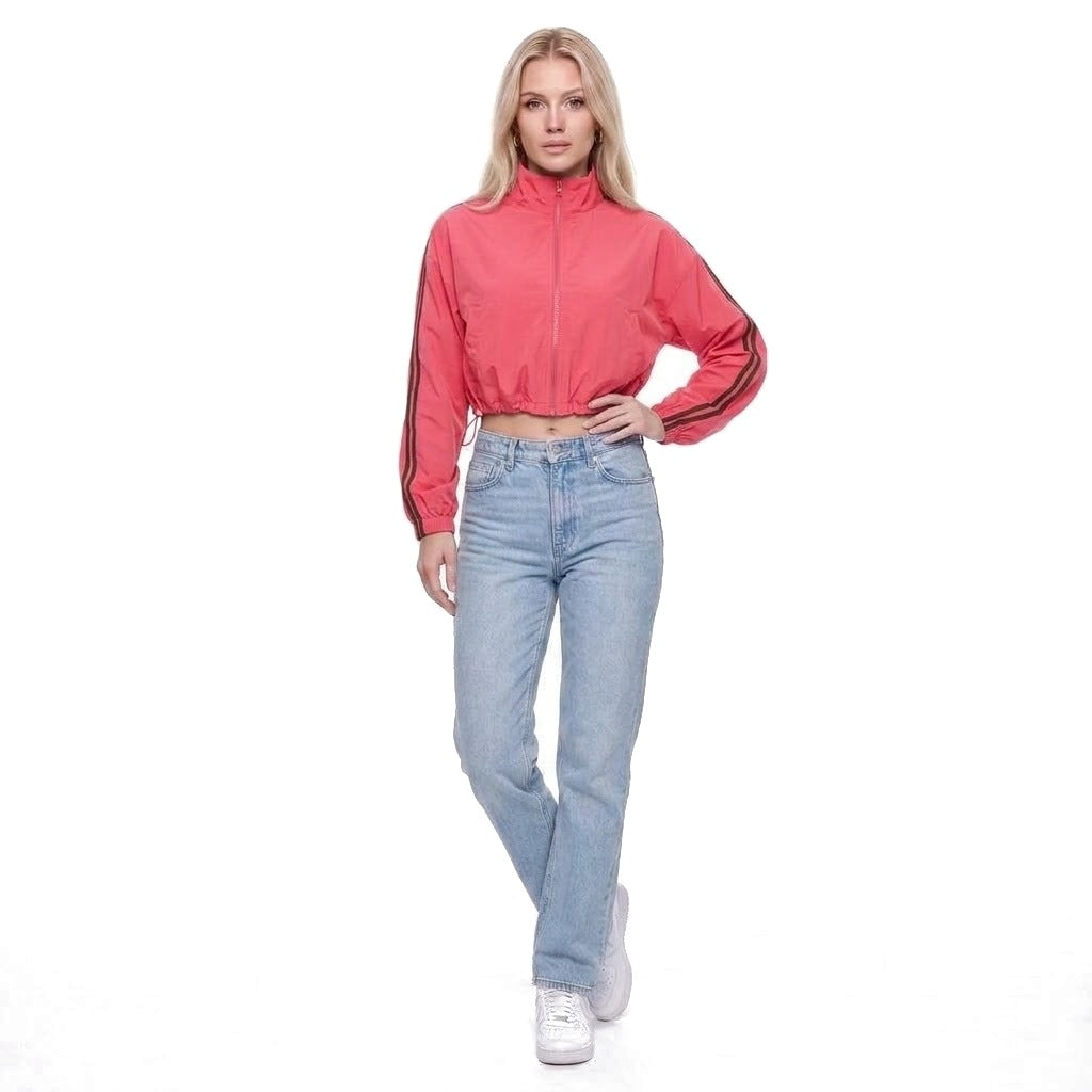 Cropped Stand Collar Zip Up Track Jacket with Drawstring Hem