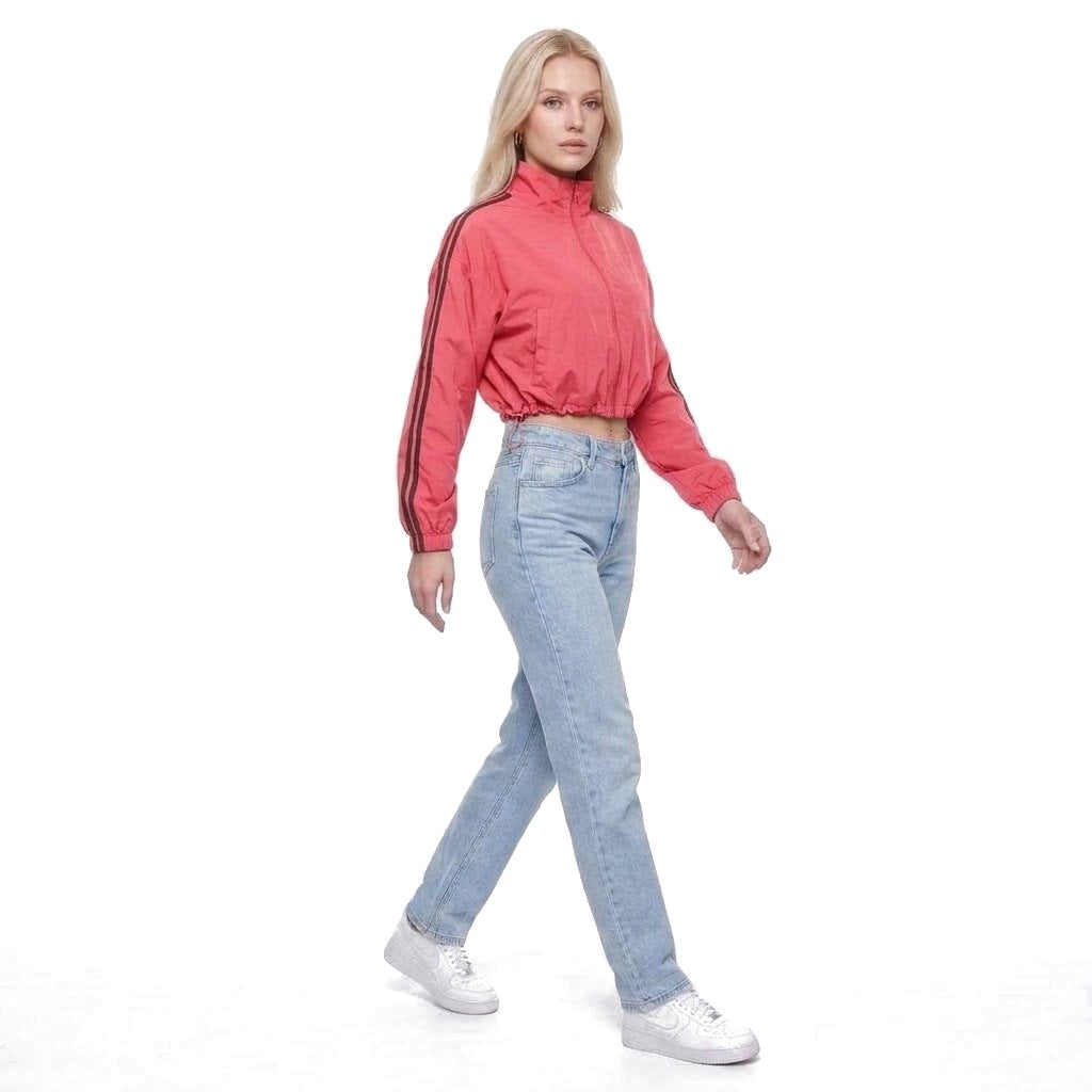 Cropped Stand Collar Zip Up Track Jacket with Drawstring Hem