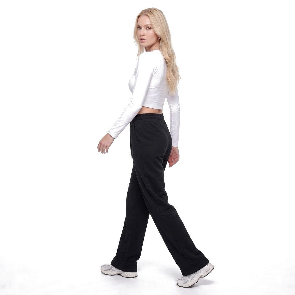 High Waisted Straight Leg Drawstring Fleece Sweatpants with Pockets