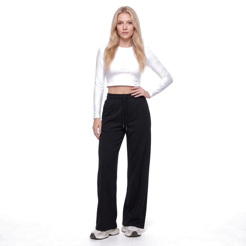 High Waisted Straight Leg Drawstring Fleece Sweatpants with Pockets
