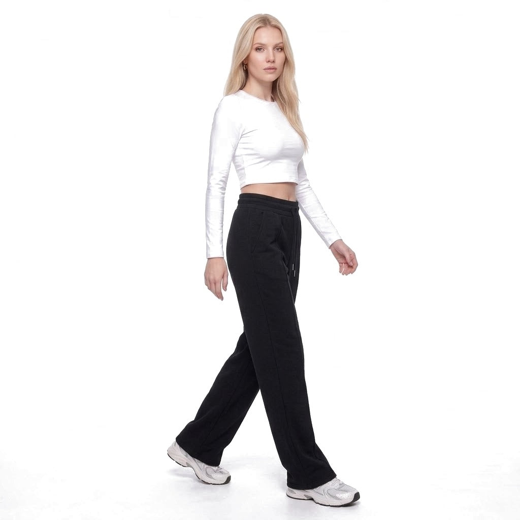 High Waisted Straight Leg Drawstring Fleece Sweatpants with Pockets