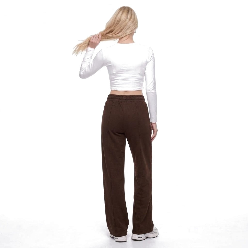 High Waisted Straight Leg Drawstring Fleece Sweatpants with Pockets