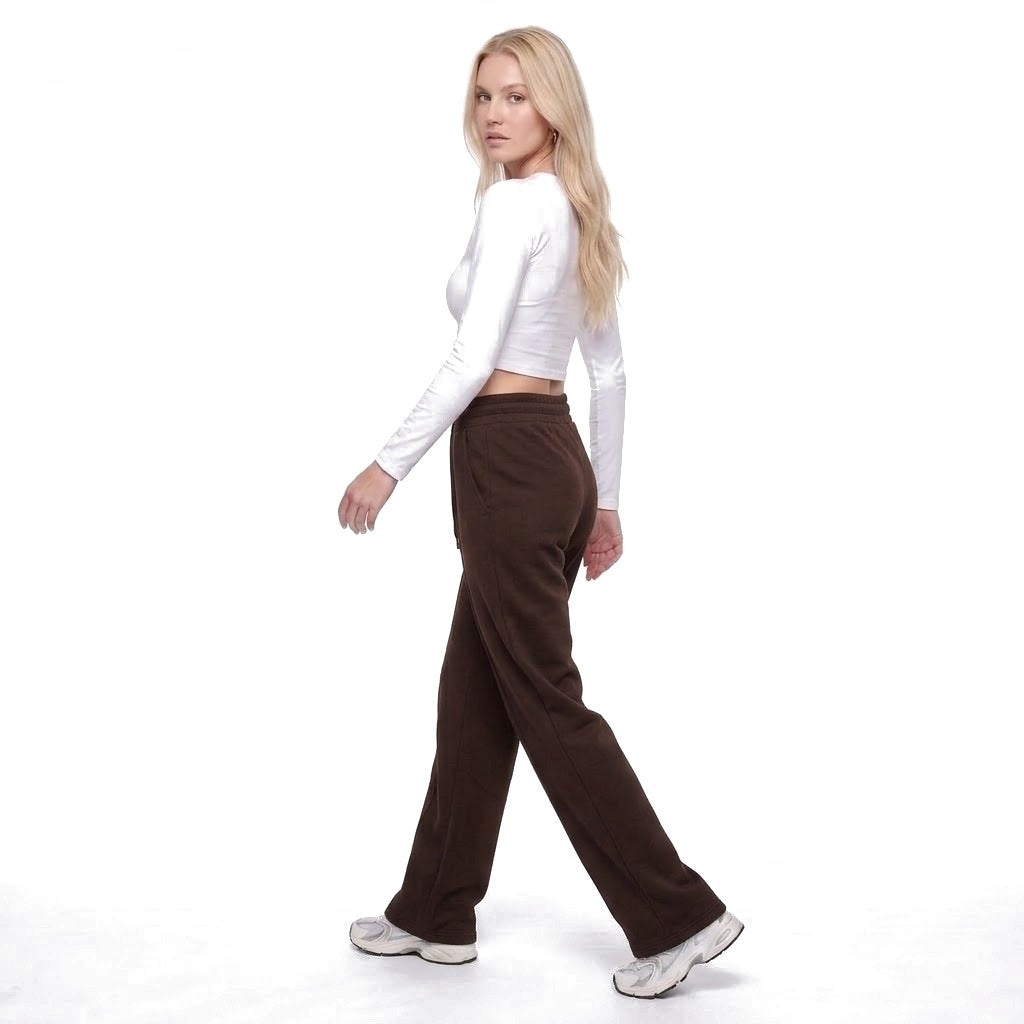 High Waisted Straight Leg Drawstring Fleece Sweatpants with Pockets