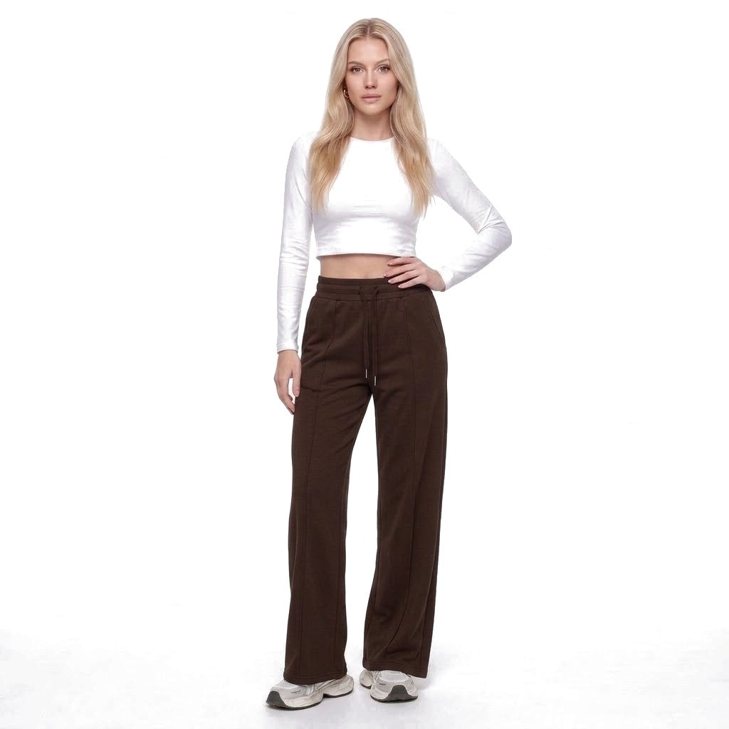 High Waisted Straight Leg Drawstring Fleece Sweatpants with Pockets
