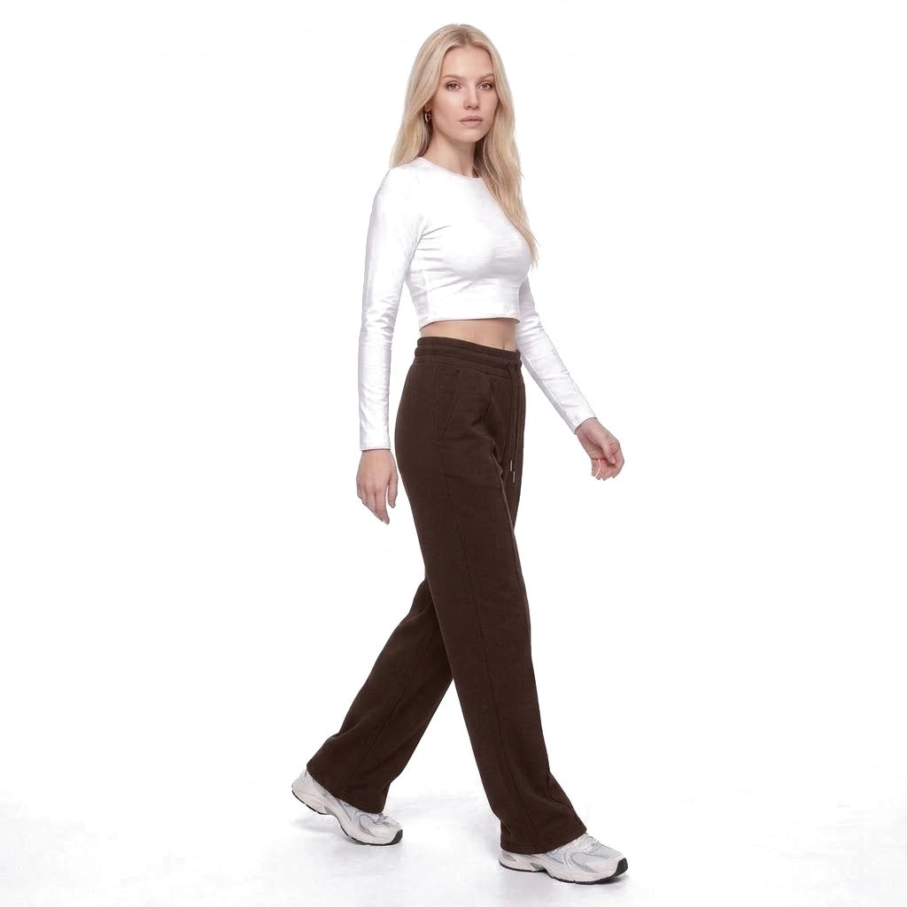 High Waisted Straight Leg Drawstring Fleece Sweatpants with Pockets
