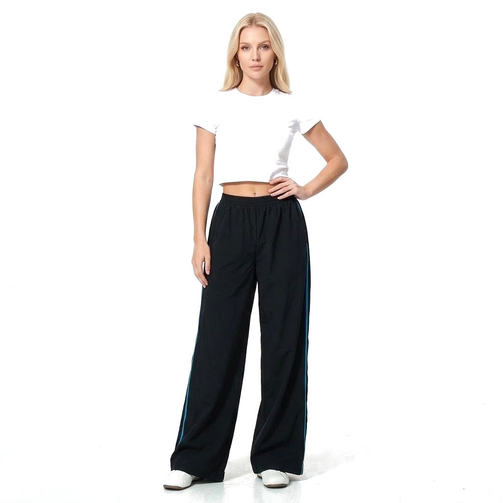Contrast Stripe Wide Leg Track Pants with Pockets