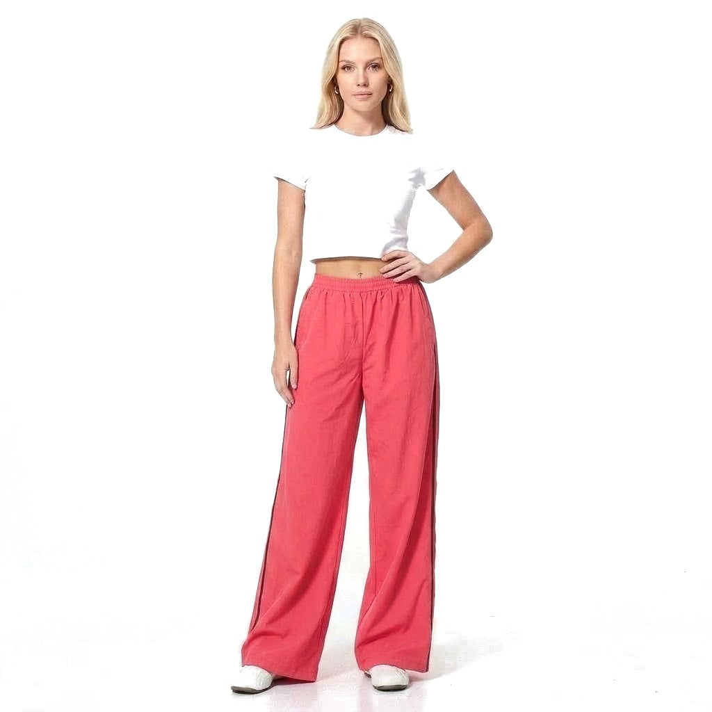 Contrast Stripe Wide Leg Track Pants with Pockets
