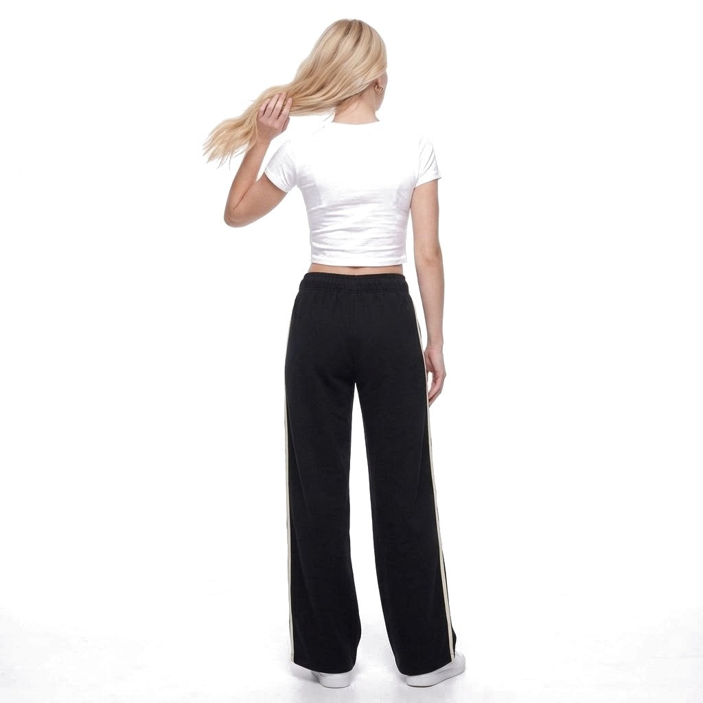 Contrast Stripe Wide Leg Fleece Sweatpants with Pockets