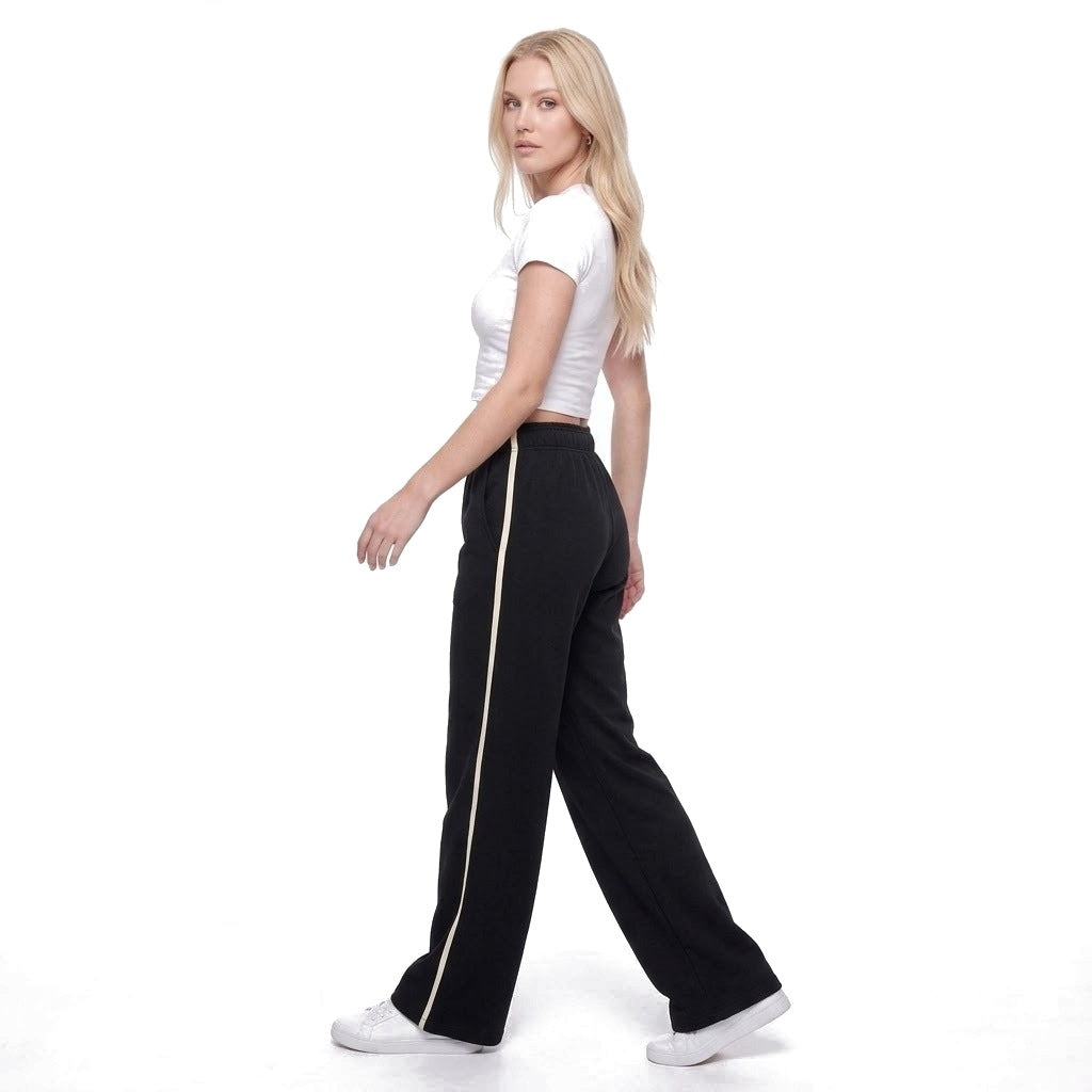 Contrast Stripe Wide Leg Fleece Sweatpants with Pockets