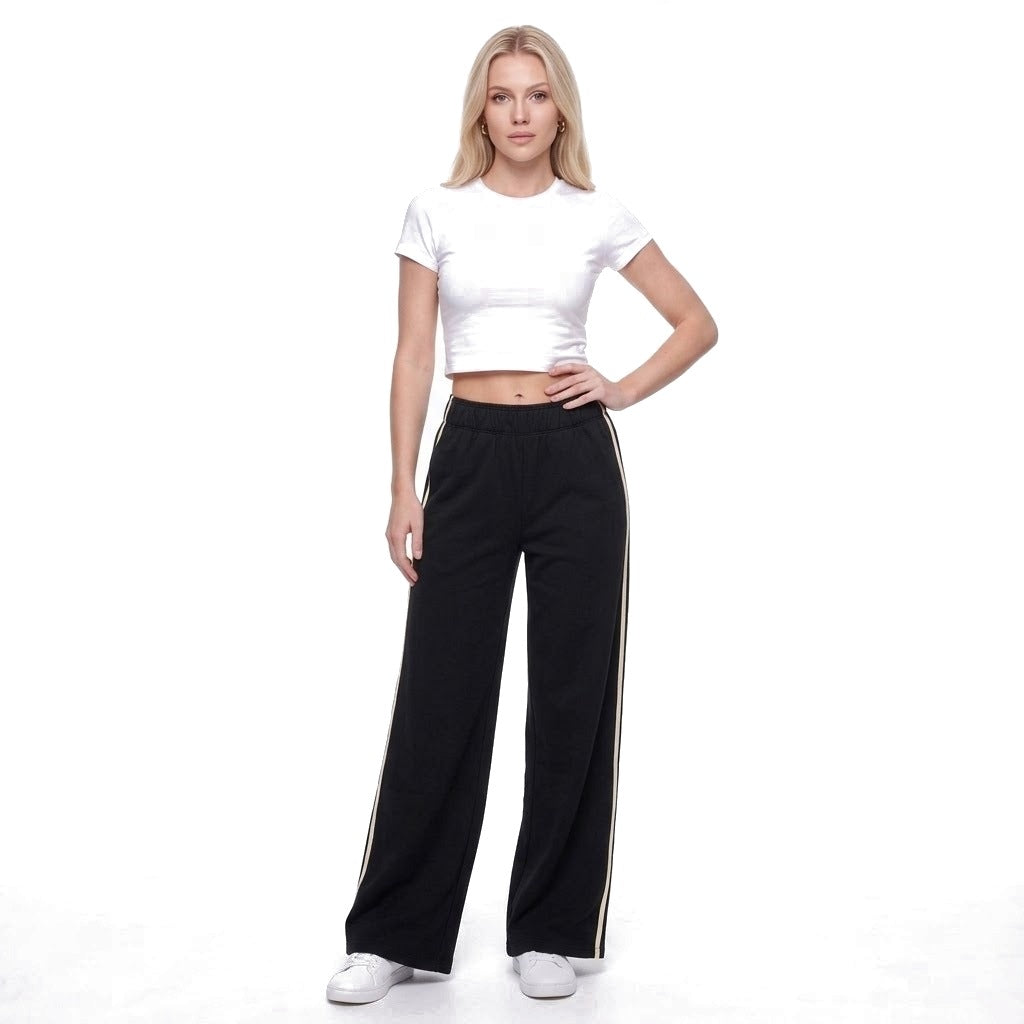 Contrast Stripe Wide Leg Fleece Sweatpants with Pockets