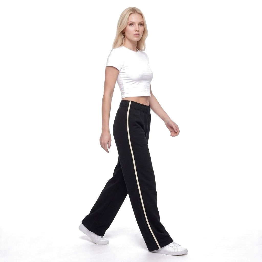 Contrast Stripe Wide Leg Fleece Sweatpants with Pockets