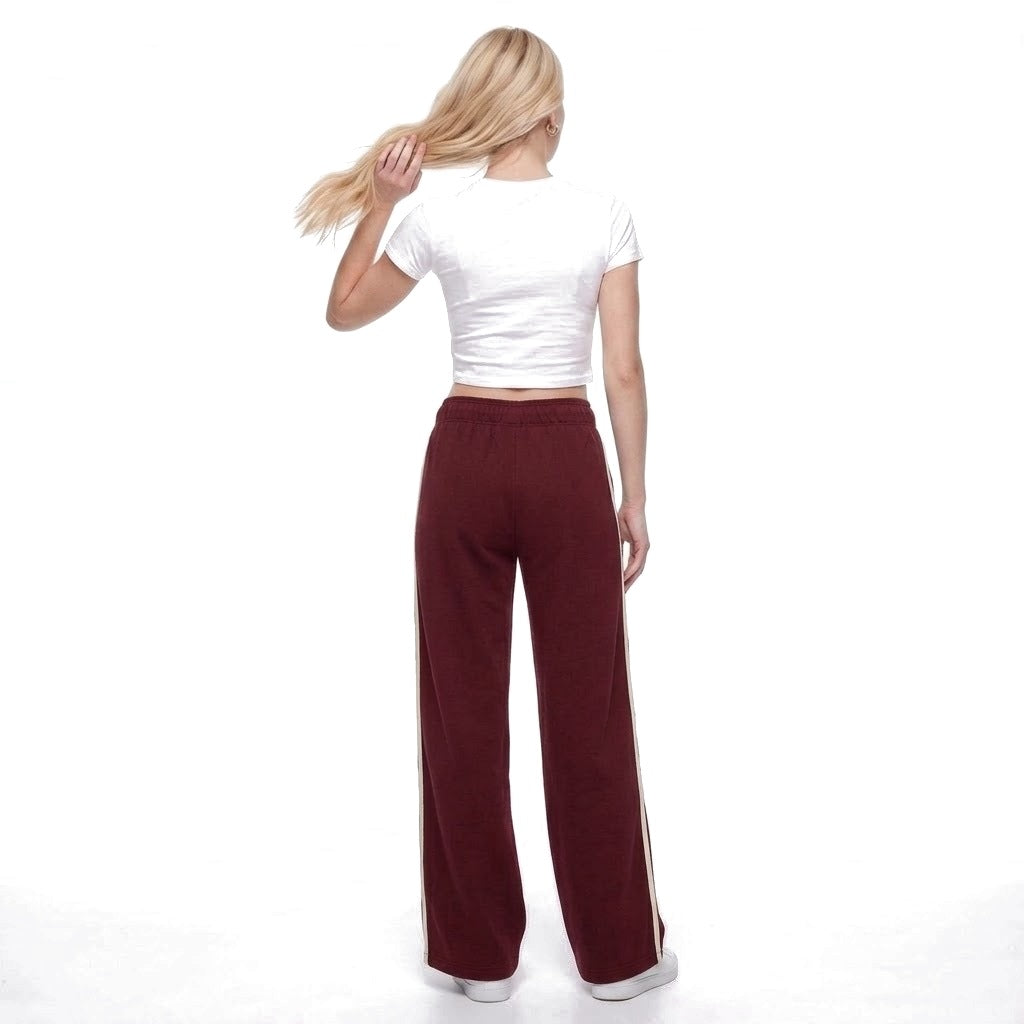 Contrast Stripe Wide Leg Fleece Sweatpants with Pockets