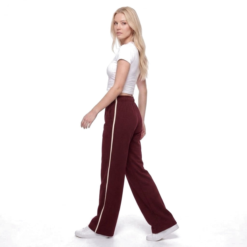 Contrast Stripe Wide Leg Fleece Sweatpants with Pockets