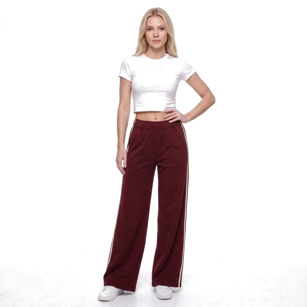 Contrast Stripe Wide Leg Fleece Sweatpants with Pockets