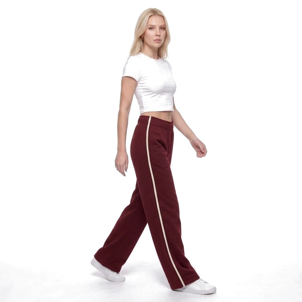 Contrast Stripe Wide Leg Fleece Sweatpants with Pockets