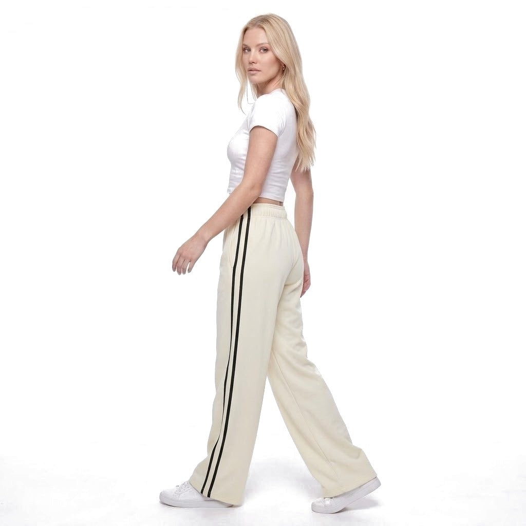 Contrast Stripe Wide Leg Fleece Sweatpants with Pockets