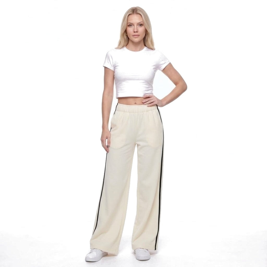 Contrast Stripe Wide Leg Fleece Sweatpants with Pockets