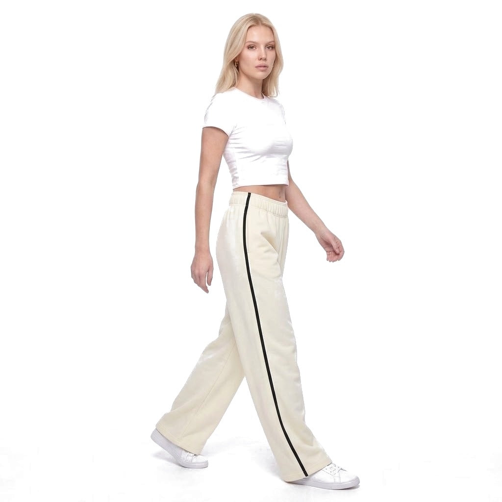 Contrast Stripe Wide Leg Fleece Sweatpants with Pockets