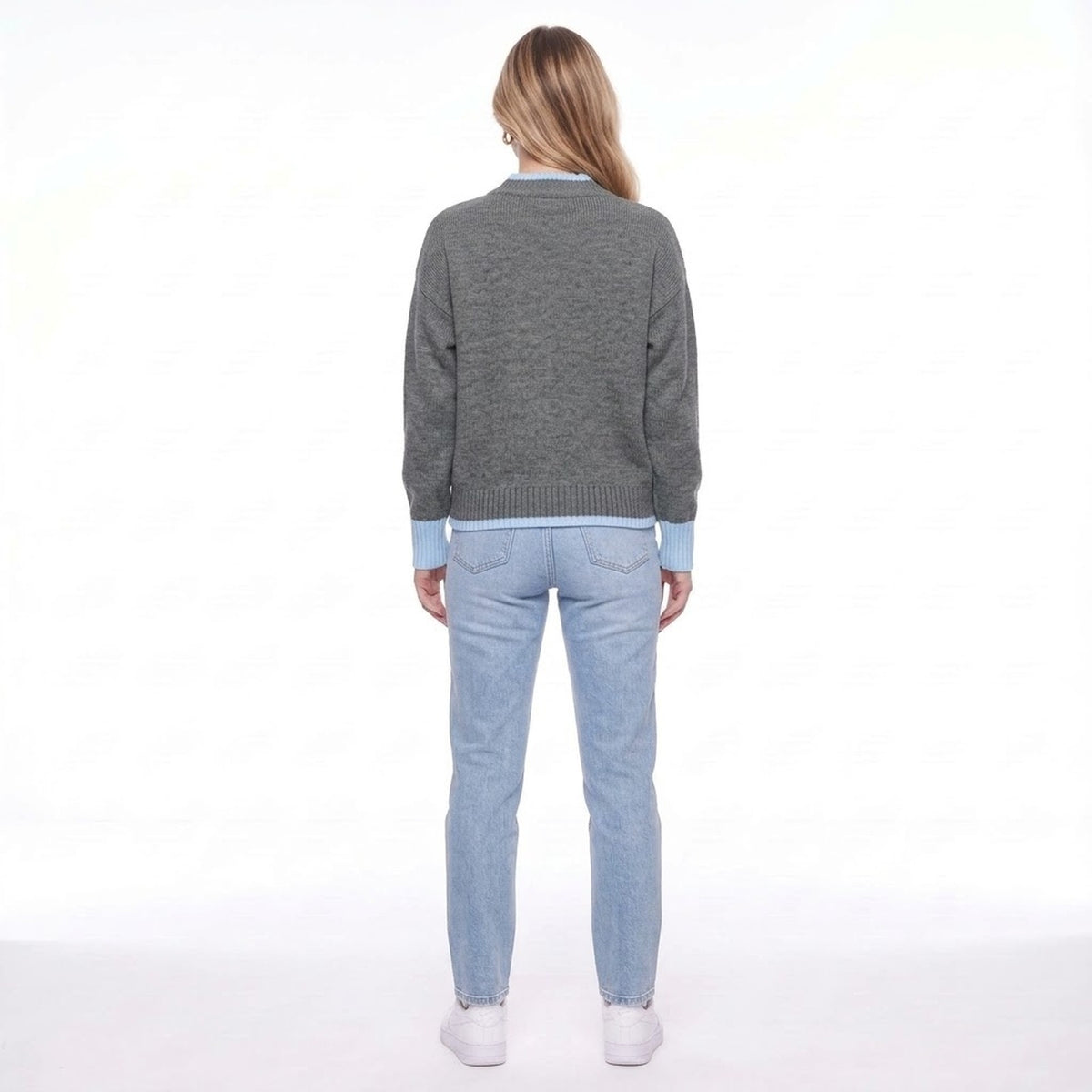 Contrast Trim Mock Neck Drop Shoulder Knit Pullover Sweater