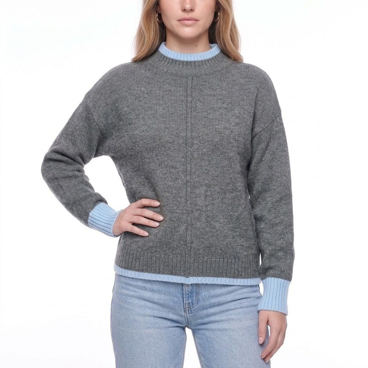 Contrast Trim Mock Neck Drop Shoulder Knit Pullover Sweater