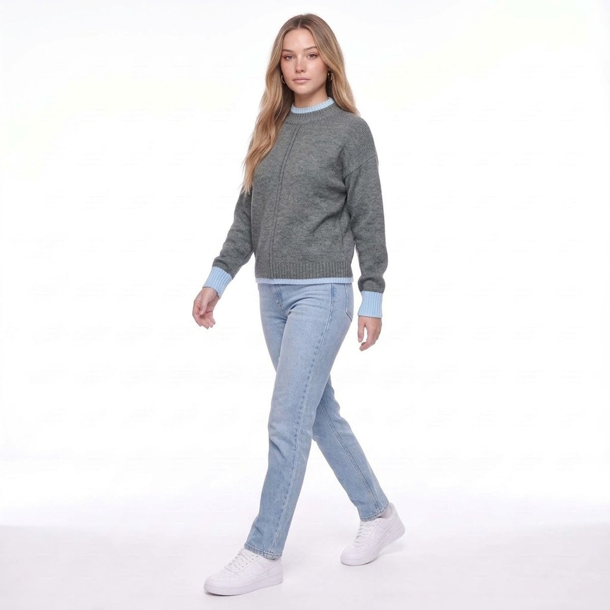 Contrast Trim Mock Neck Drop Shoulder Knit Pullover Sweater