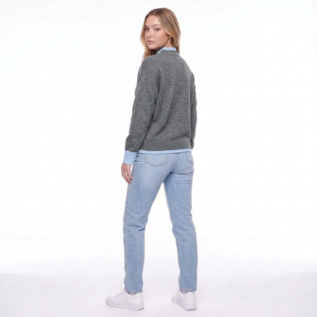 Contrast Trim Mock Neck Drop Shoulder Knit Pullover Sweater