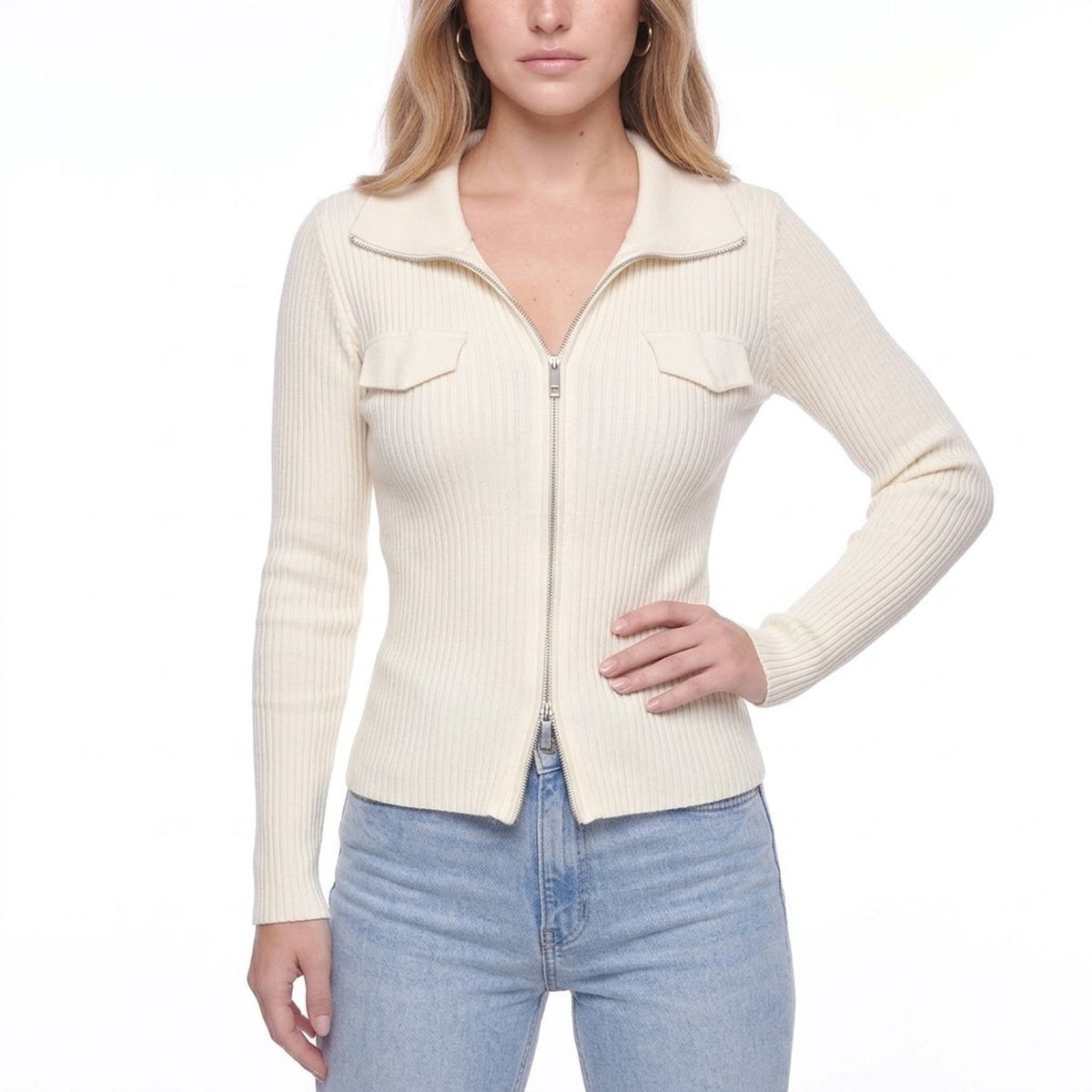 Ribbed Knit Zip Up Collared Cardigan Sweater with Flap Pockets