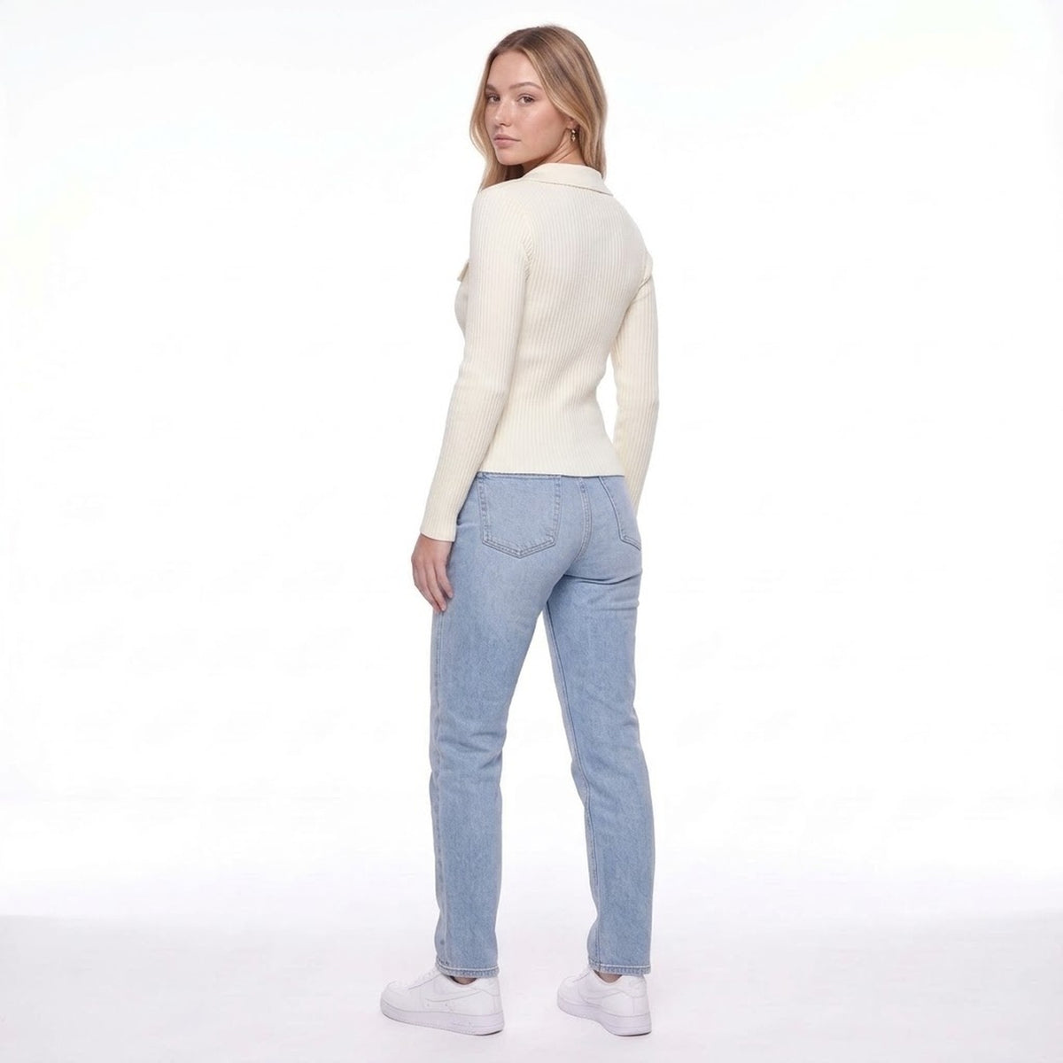 Ribbed Knit Zip Up Collared Cardigan Sweater with Flap Pockets
