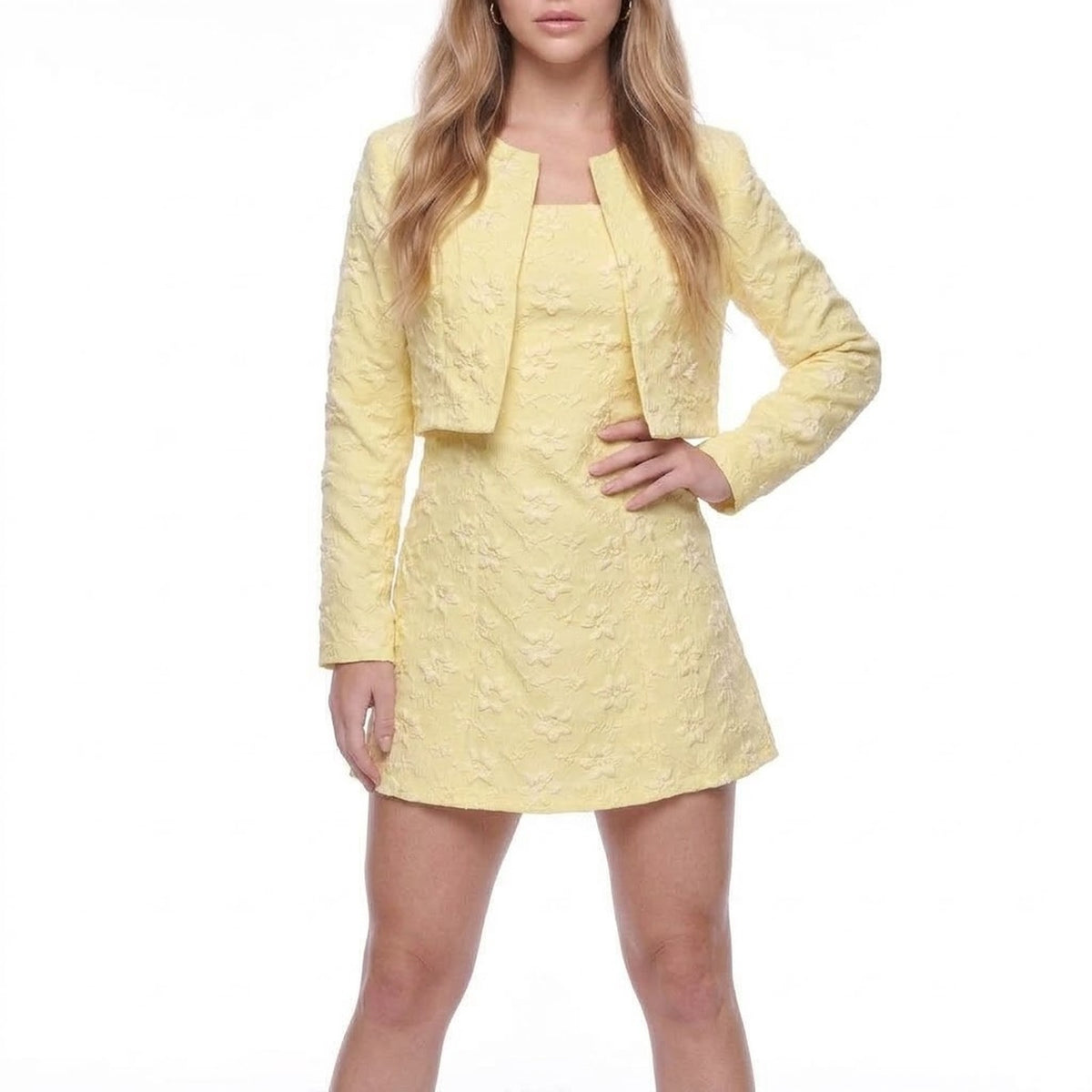 Textured Floral Jacquard Cropped Jacket and Mini Slip Dress Two Piece Set