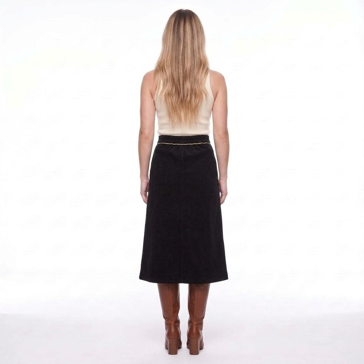 Black Corduroy High Waisted Button Front Midi Skirt with Gold Piping and Pockets
