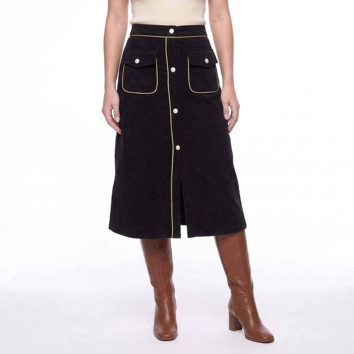 Black Corduroy High Waisted Button Front Midi Skirt with Gold Piping and Pockets