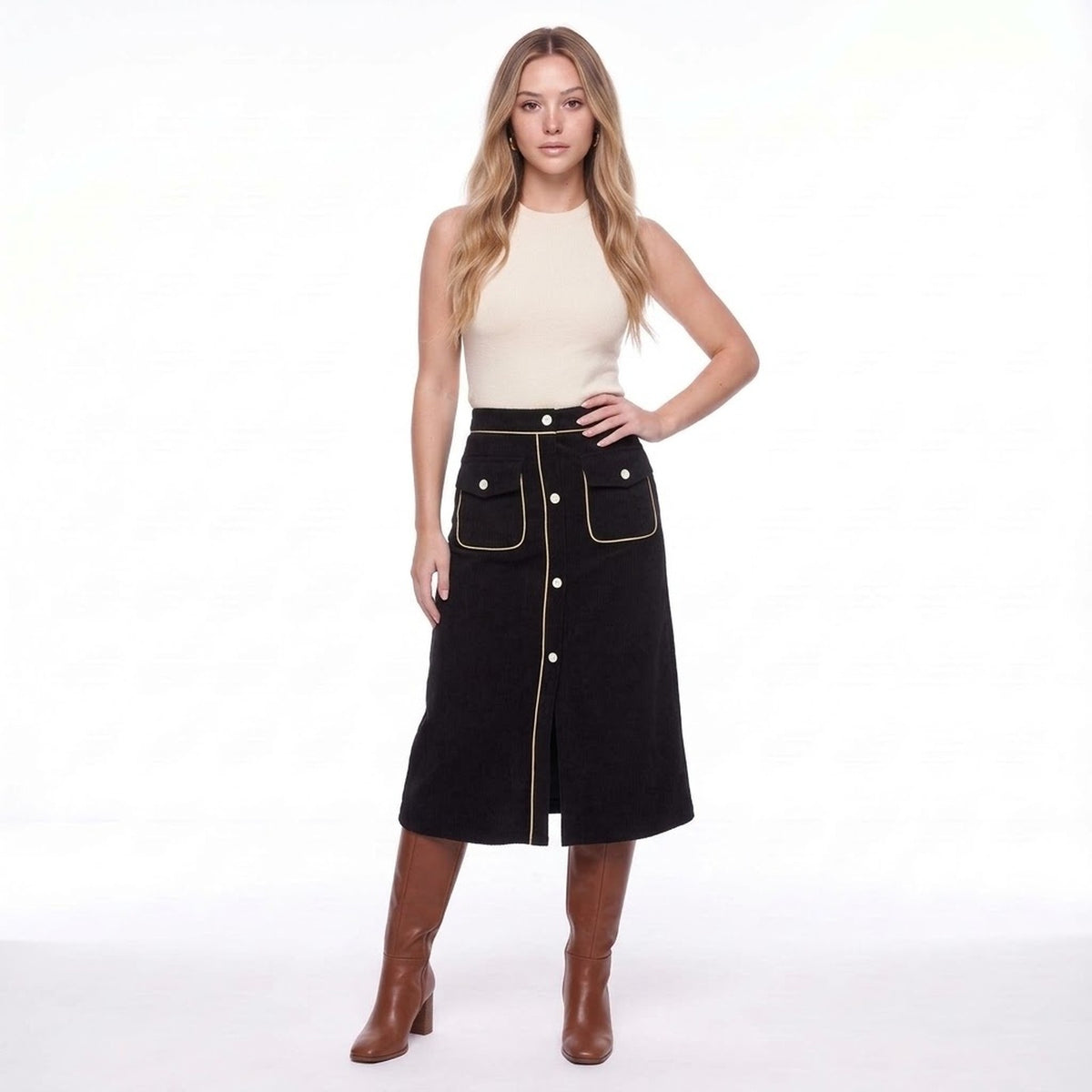 Black Corduroy High Waisted Button Front Midi Skirt with Gold Piping and Pockets