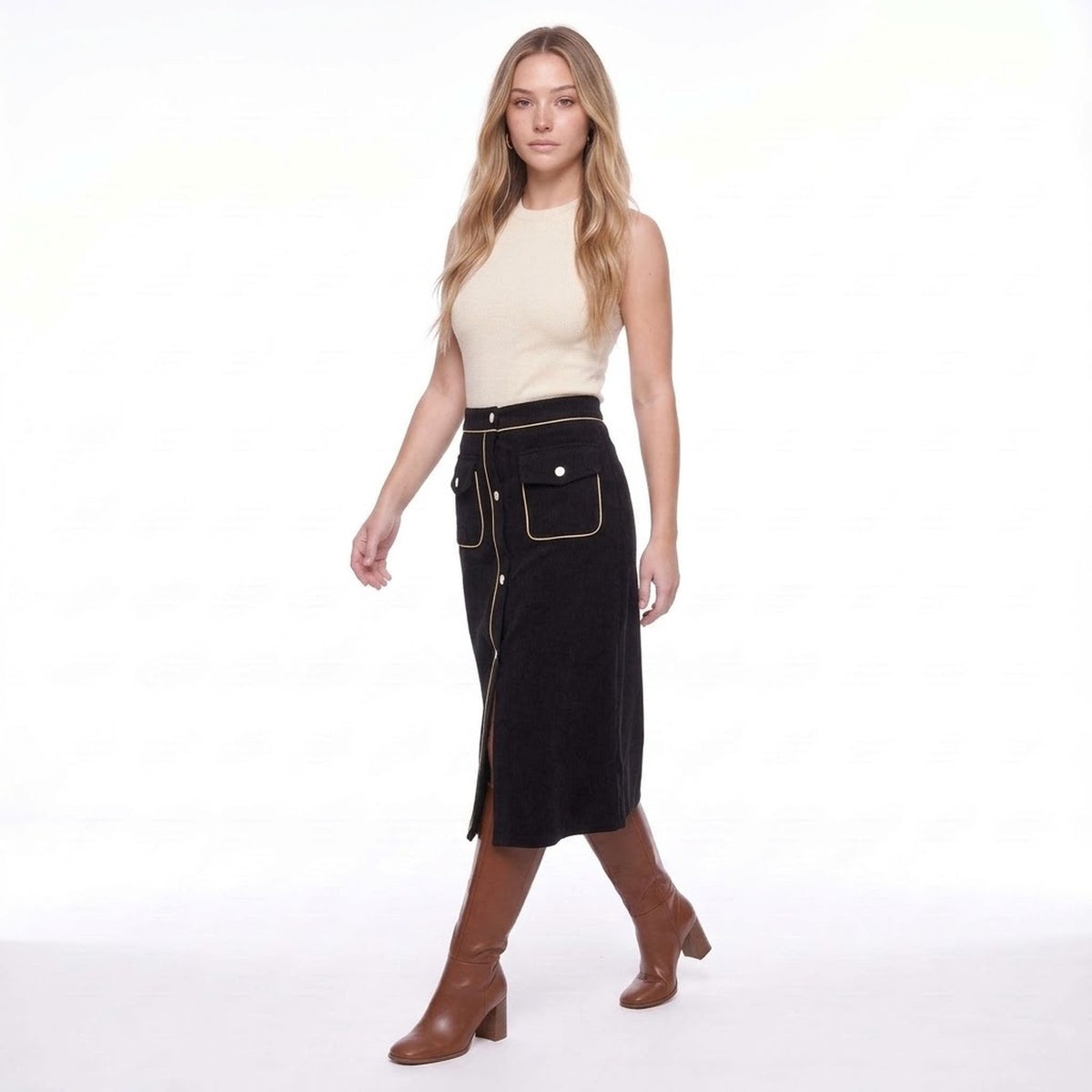 Black Corduroy High Waisted Button Front Midi Skirt with Gold Piping and Pockets