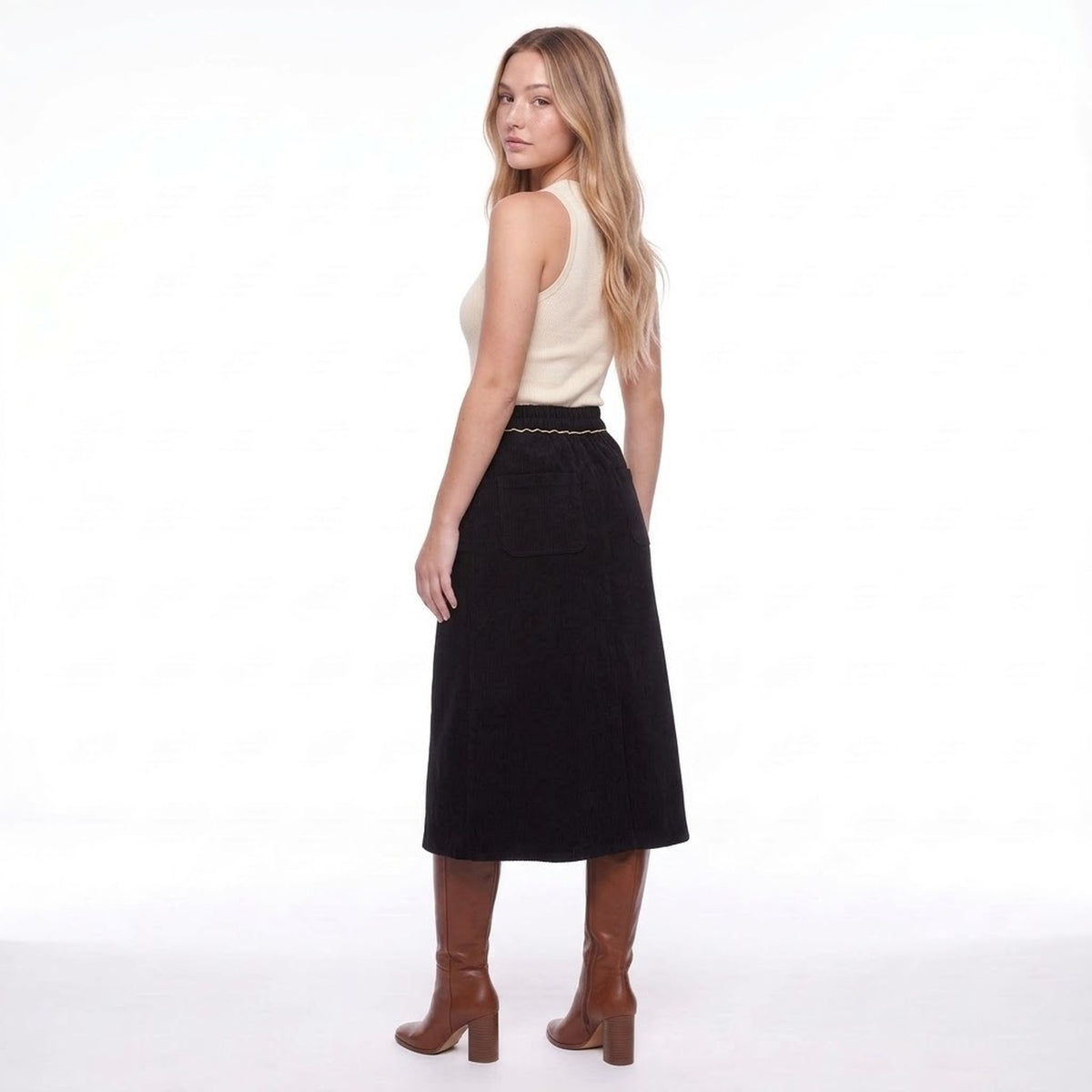 Black Corduroy High Waisted Button Front Midi Skirt with Gold Piping and Pockets