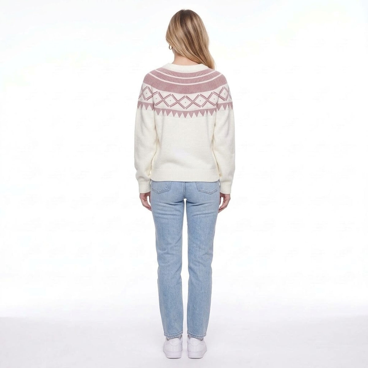 White Fair Isle Crew Neck Pullover Sweater with Mauve Geometric Yoke