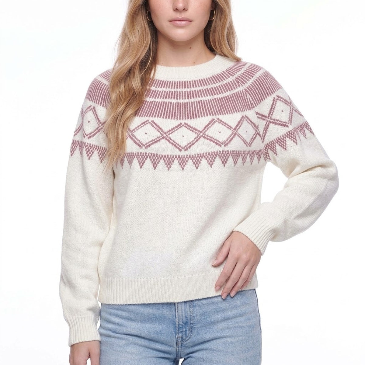 White Fair Isle Crew Neck Pullover Sweater with Mauve Geometric Yoke