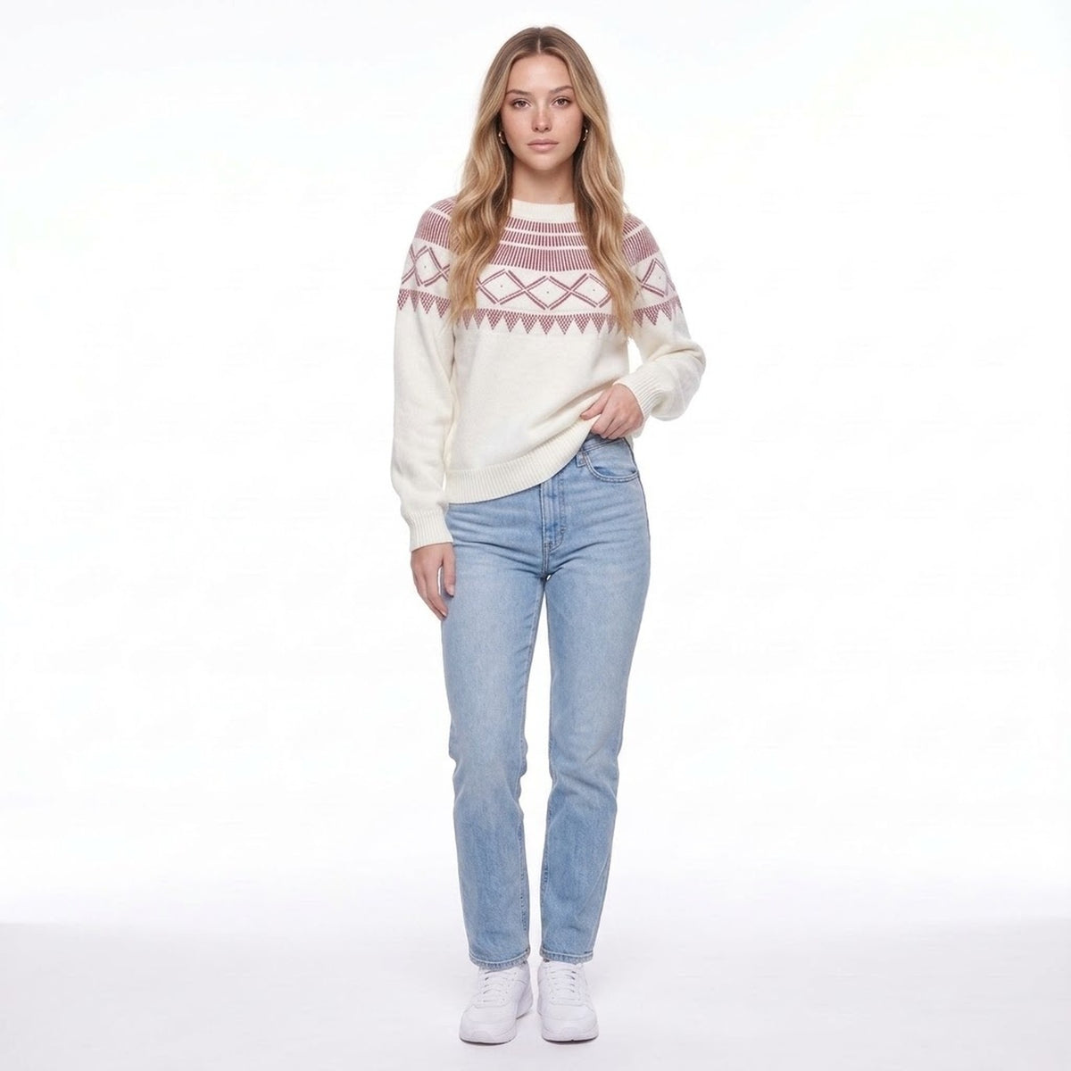 White Fair Isle Crew Neck Pullover Sweater with Mauve Geometric Yoke