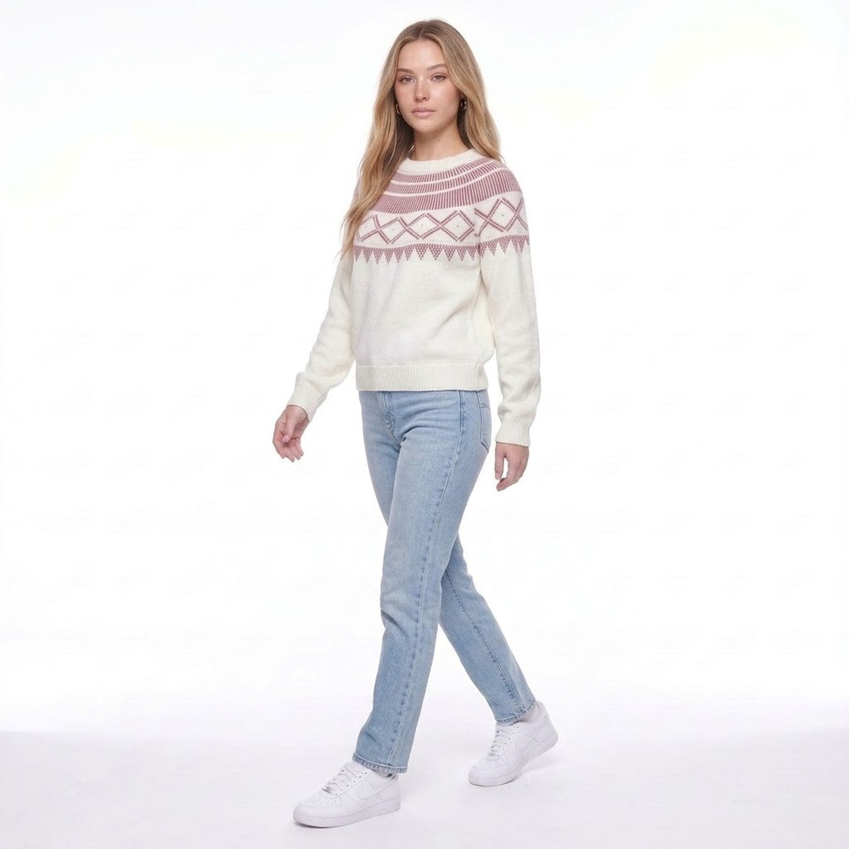 White Fair Isle Crew Neck Pullover Sweater with Mauve Geometric Yoke