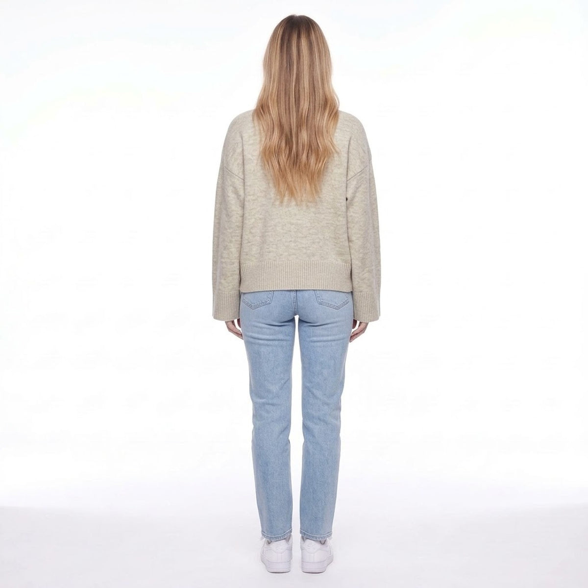 Light Beige Oversized Crew Neck Pullover Sweater with Wide Ribbed Cuffs