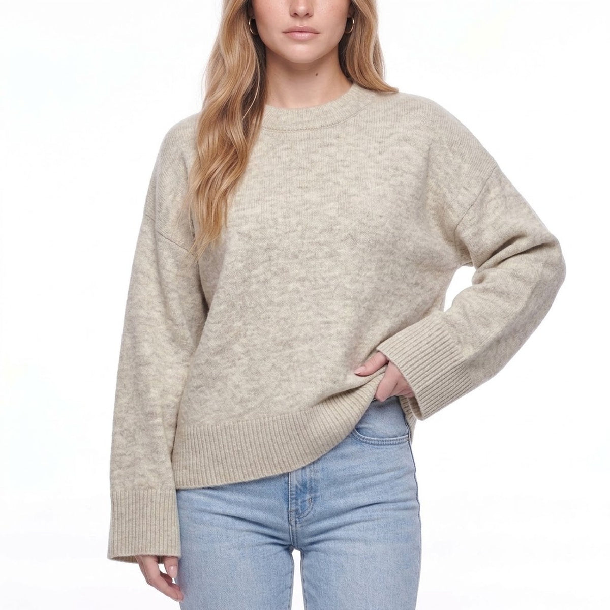 Light Beige Oversized Crew Neck Pullover Sweater with Wide Ribbed Cuffs