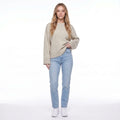 Light Beige Oversized Crew Neck Pullover Sweater with Wide Ribbed Cuffs