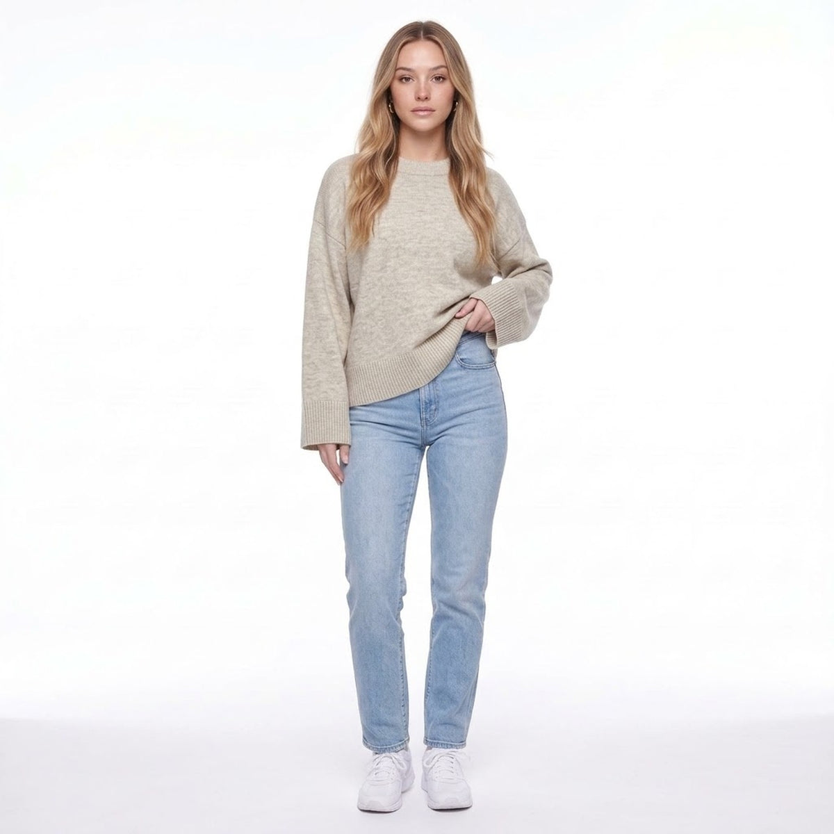 Light Beige Oversized Crew Neck Pullover Sweater with Wide Ribbed Cuffs