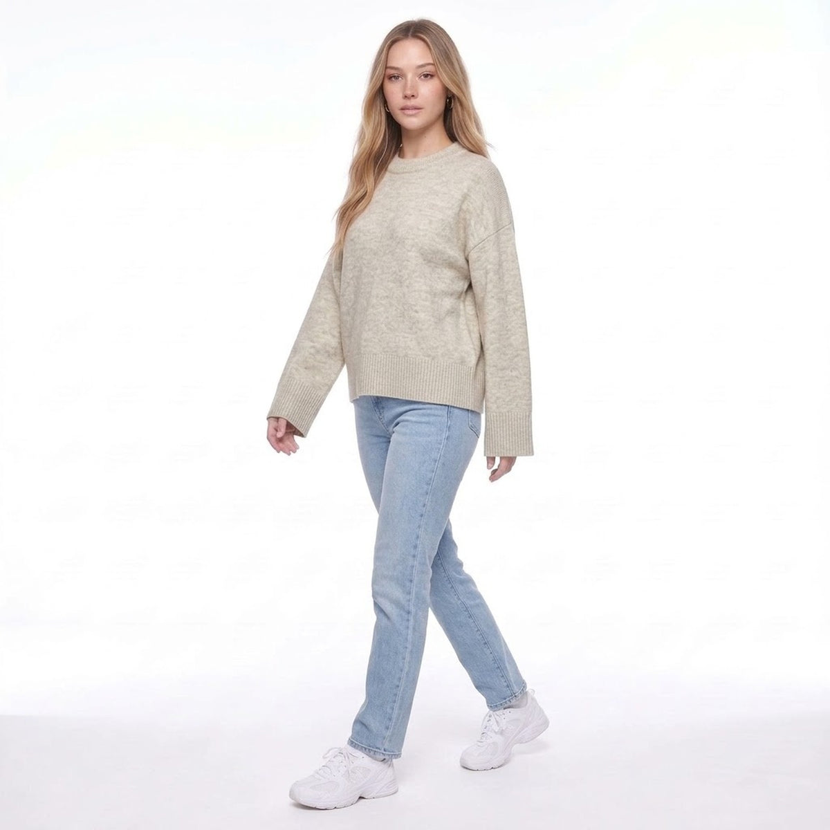 Light Beige Oversized Crew Neck Pullover Sweater with Wide Ribbed Cuffs