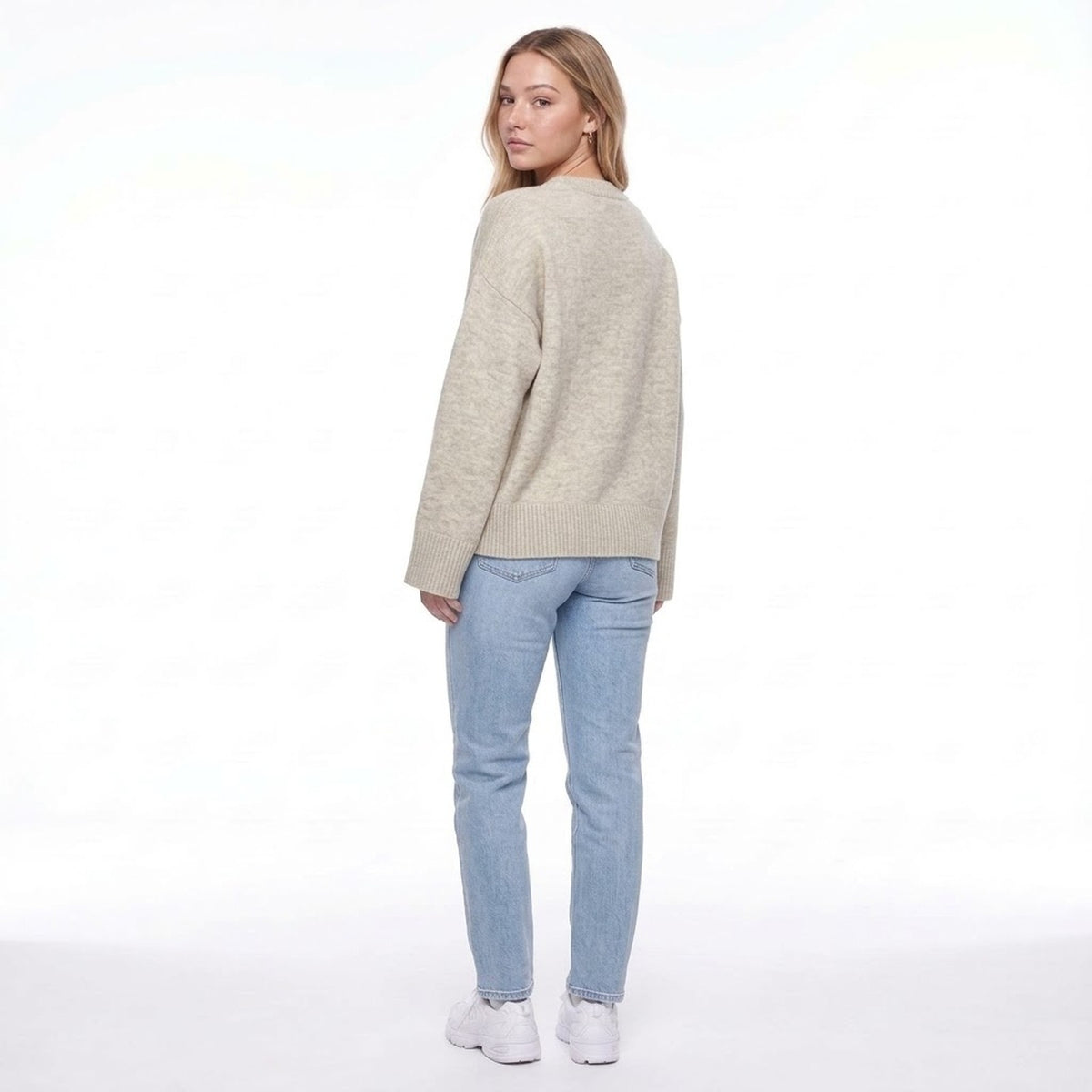 Light Beige Oversized Crew Neck Pullover Sweater with Wide Ribbed Cuffs
