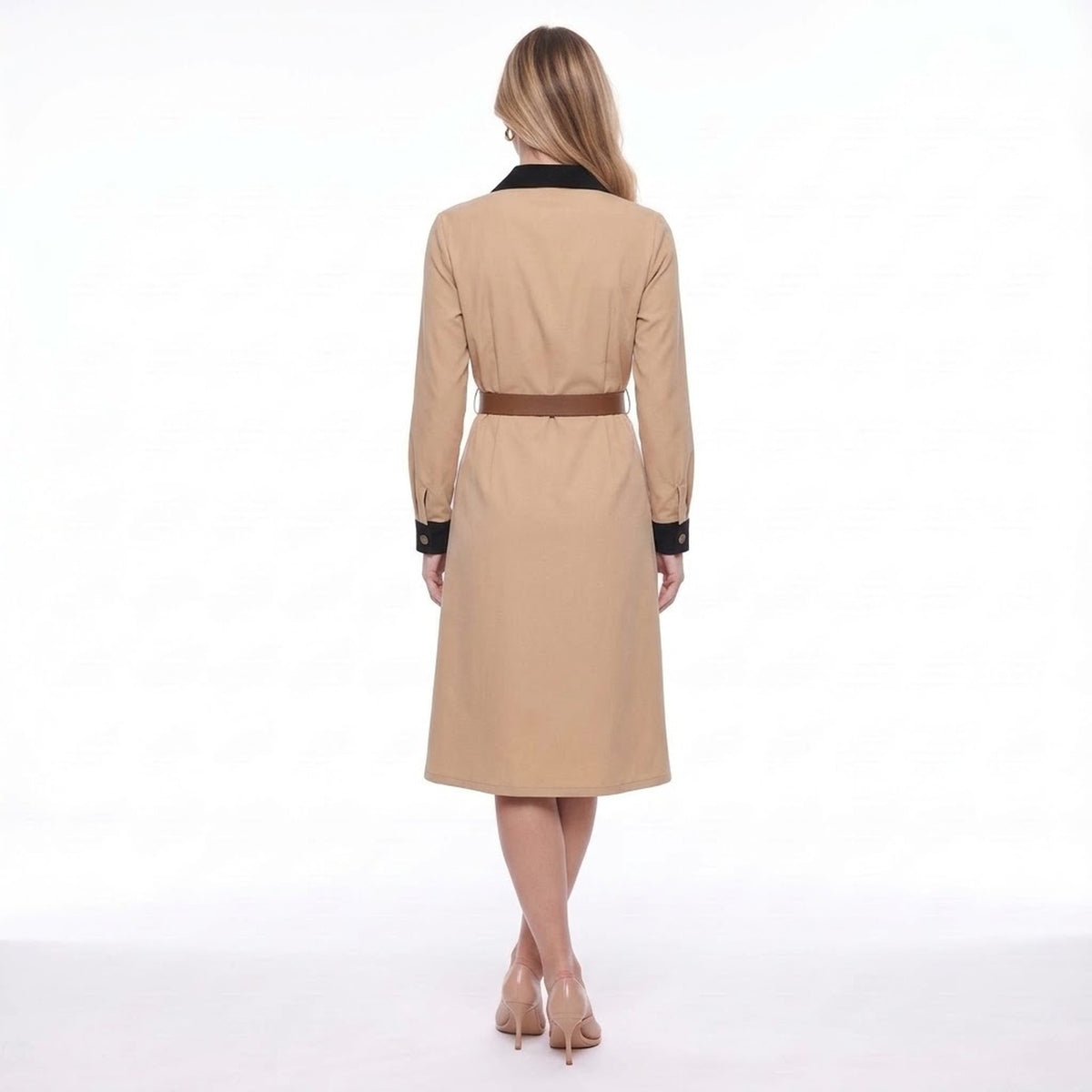 Khaki Belted Midi Shirt Dress with Black Contrast Collar and Piping